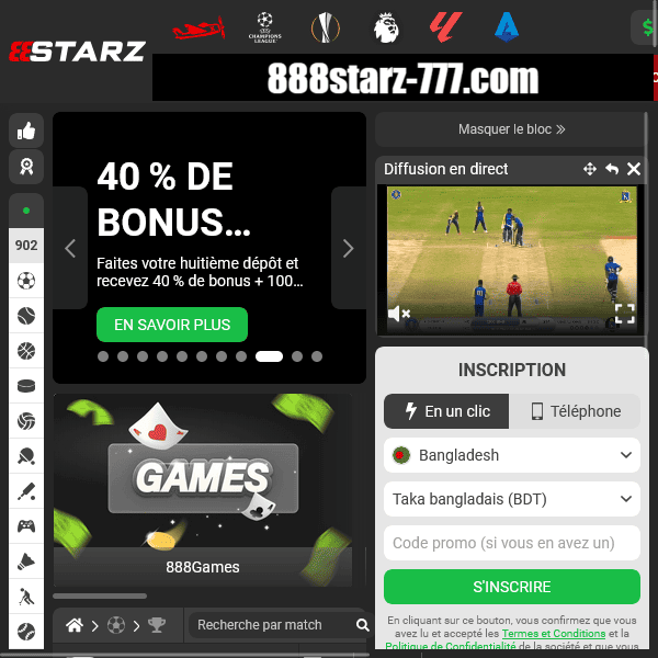 Page d'accueil 888starz avec bonus et formulaire d'inscription