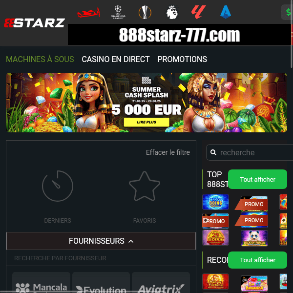 Page du casino 888starz avec machines à sous et promotion Summer Cash Splash